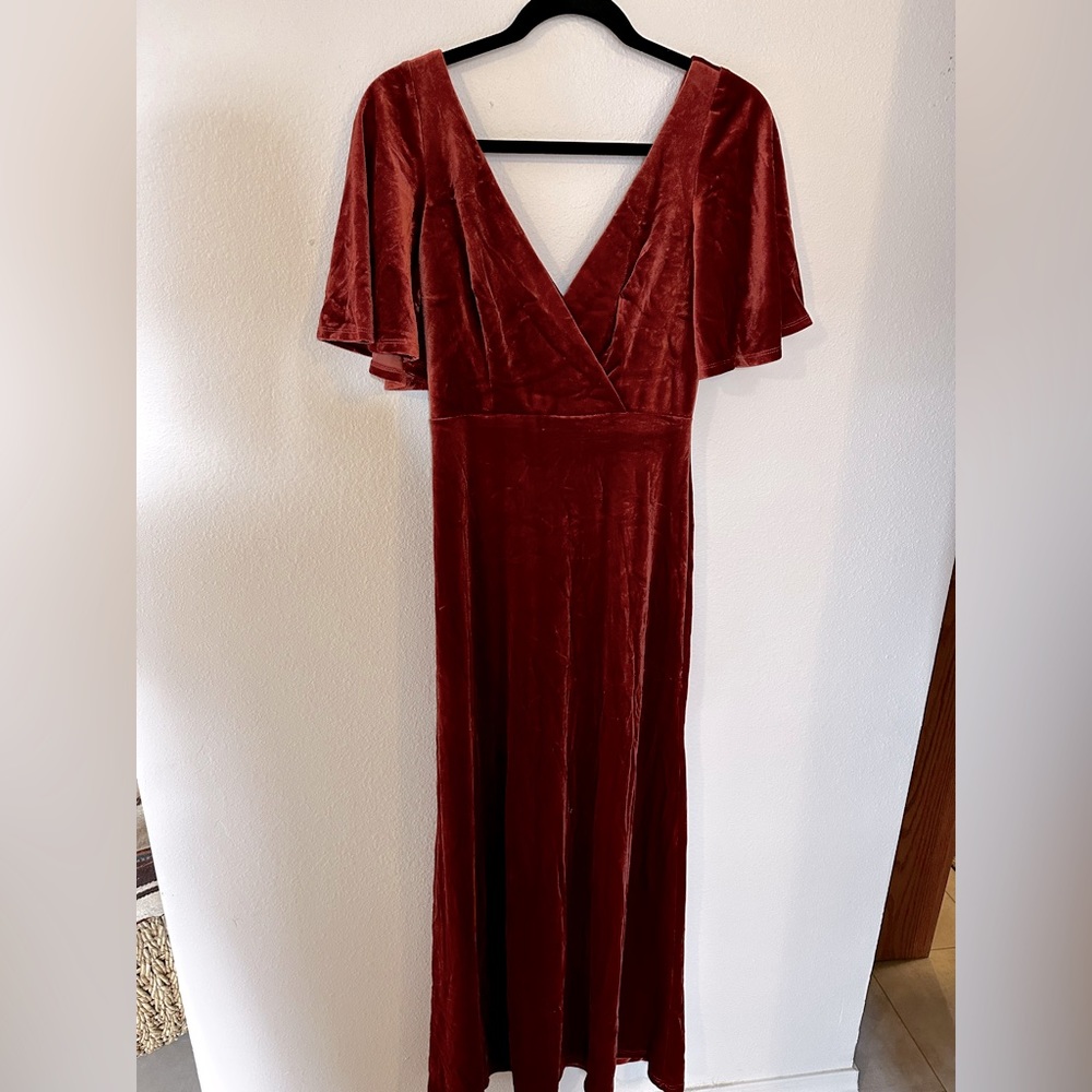 Ever pretty velvet burnt orange sunset color floor length dress